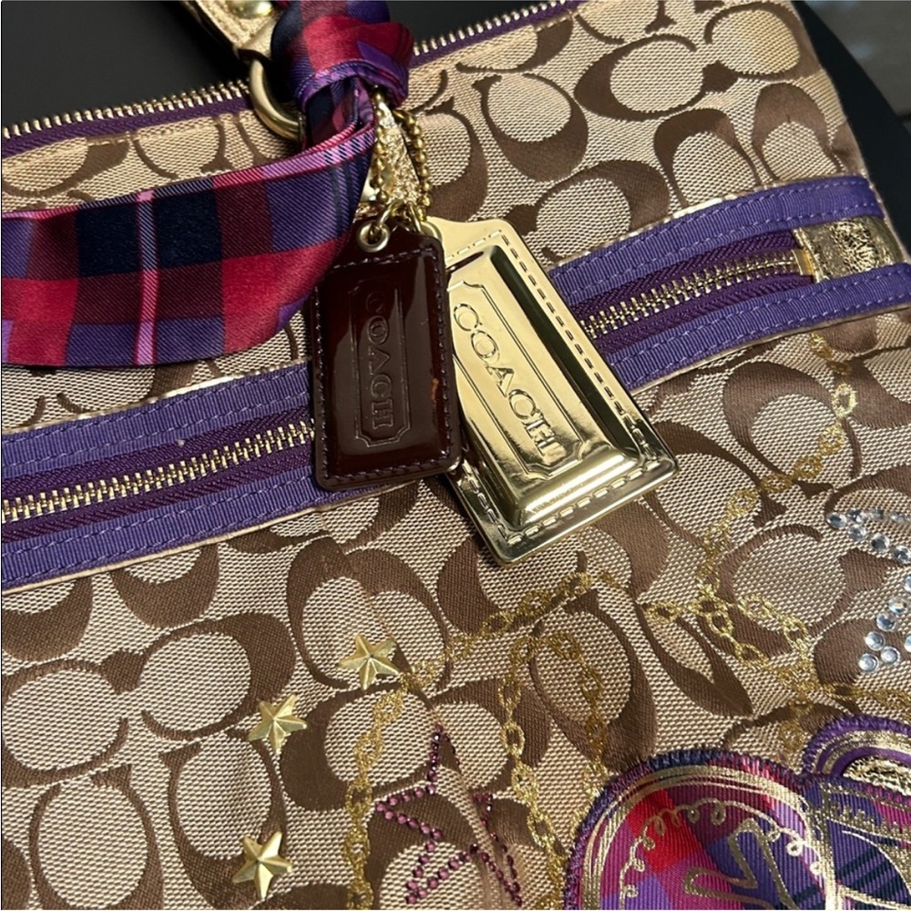 Coach Tan Signature Canvas Tote with Purple Trim and Plaid Scarf - Picture 3 of 9